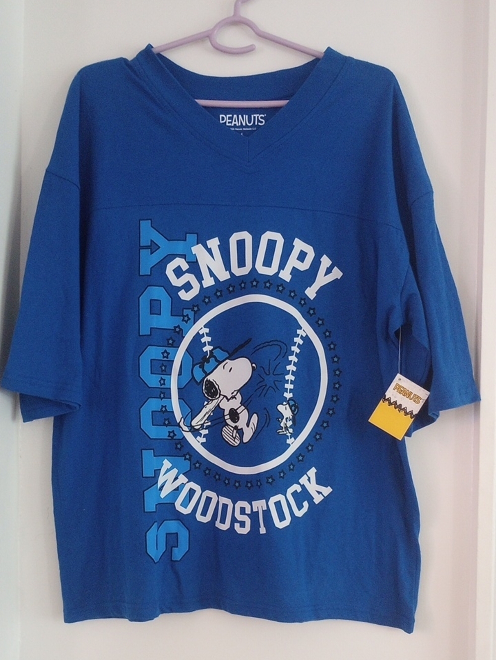 Peanuts 100% Cotton Blue White Snoopy & Woodstock Baseball Graphic Tee Size S